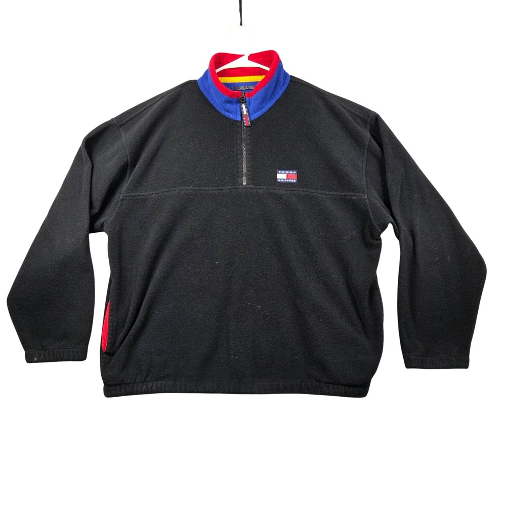 Tommy Hilfiger Fleece Pullover Mens XXL Black Vintage 1/4 Zip Flag Logo Logo